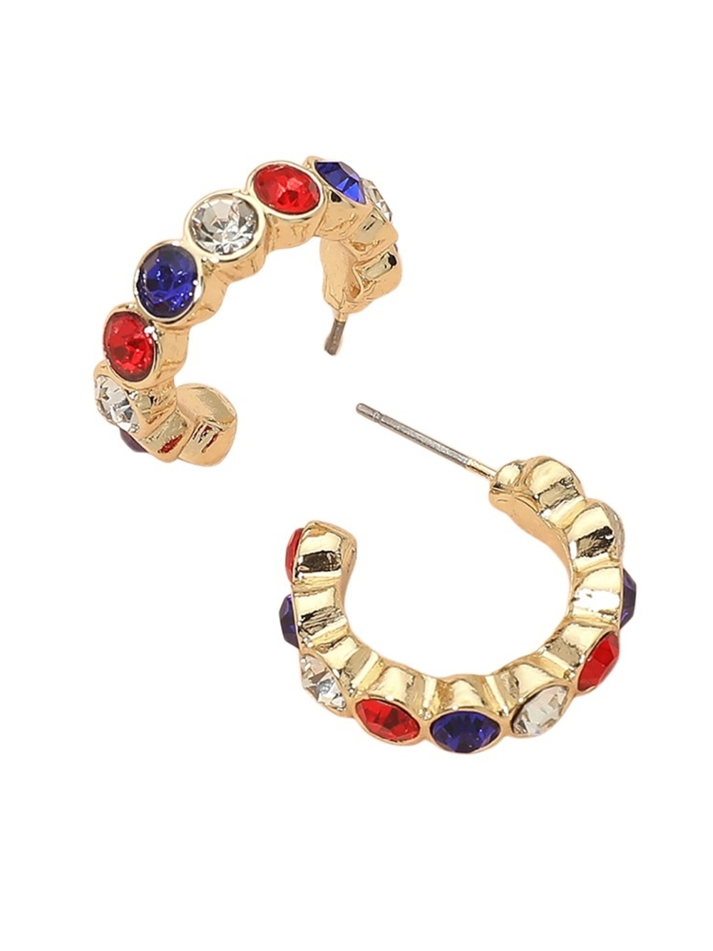 Gold Hoop Earrings with Red, Blue & Clear Stones - Women Jewelry Patriotic